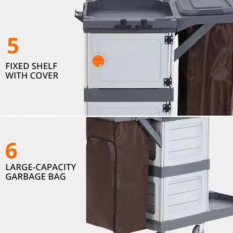 Commercial Janitorial Cart, 3-Shelf Housekeeping Cleaning Cart with 2 Cabinets, Cover & Oxford Bag, Traditional Janitorial Cart for Hotel
