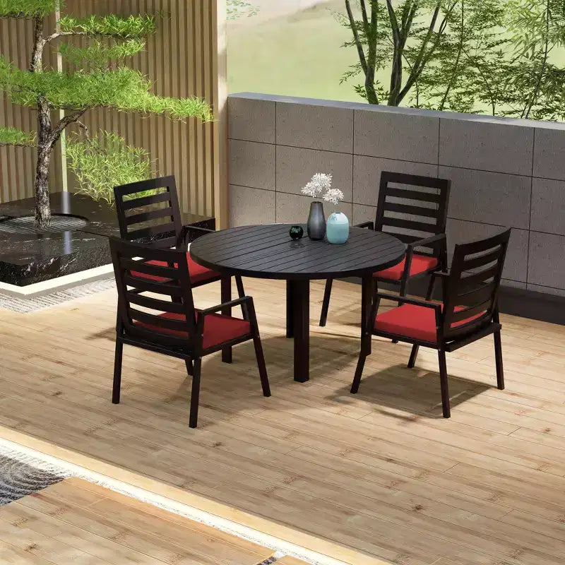 LeisureMod Chelsea 5-Piece Patio Dining Set, 48 Round Aluminum Dining Table and 4 Dining Armchair
