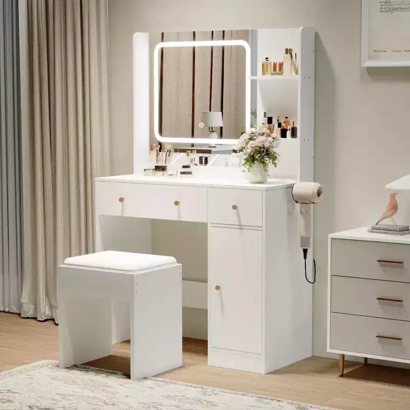 COZONY Makeup Vanity with Lights & Mirror, Vanity Table with Charging Station, Hair Dryer Holder, Storage Drawers & Shelves, Upholstered Stool