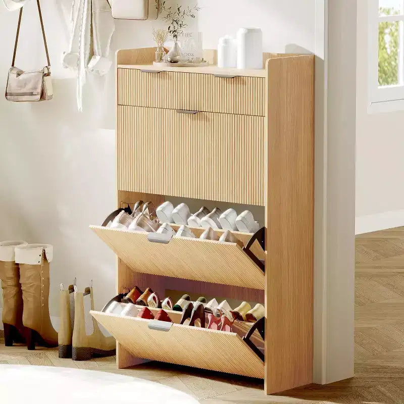 Modern White Shoe Cabinet with 3 Flip Drawers & 2 Small Drawers & Hook, Slim Fluted Shoe Storage Organizer, Narrow Entryway Cabinet