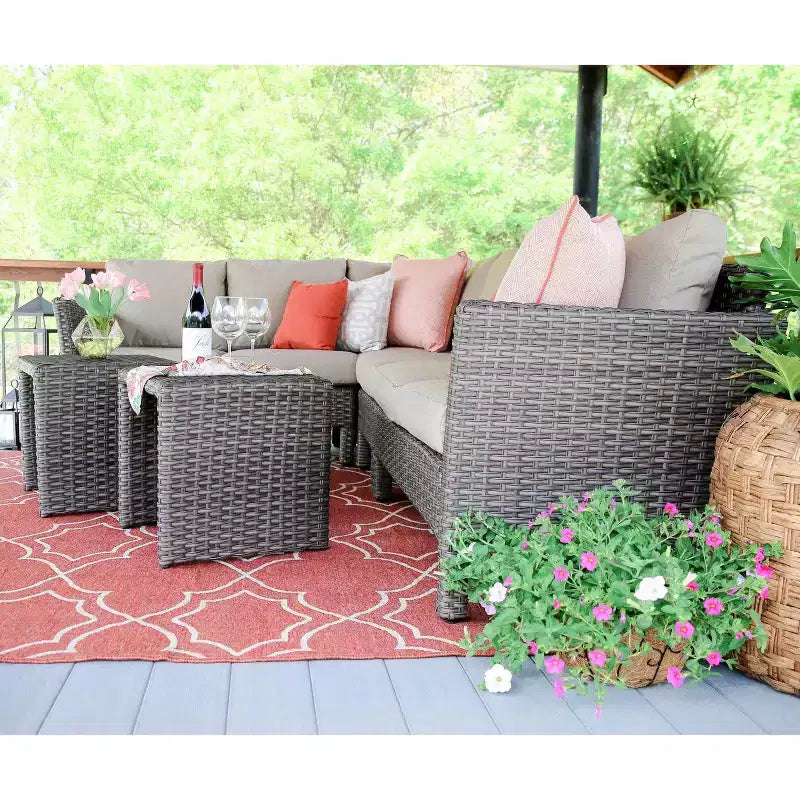 Leisure Made Canton 6pc Wicker Sectional in Tan Fabric