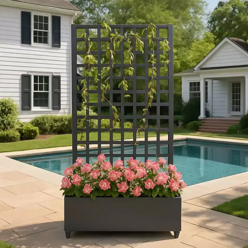 Metal Raised Garden Bed with Trellis and Wheels,Planter Box for Climbing Plants,Vegetables,with Square Lattice Trellis,Drainage Holes & Privacy Screen