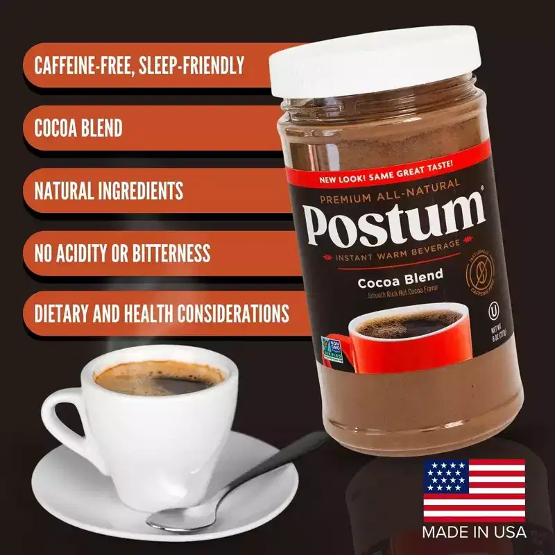 Postum Hot Cocoa Blend Coffee Substitute, Caffeine-Free, Made with Roasted Wheat Bran & Molasses, Kosher, Vegan, Non-GMO, Natural & Healthy - 8 oz