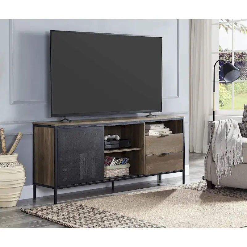 63-Inch Industrial TV Stand &ndash; Oak & Black, MDF & Metal Frame, Fits TVs up to 60 Inches