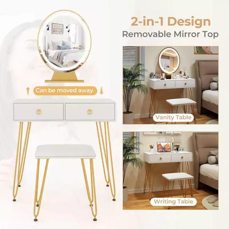 Vanity Makeup Dressing Table with 3 Lighting Modes Mirror Touch Switch White