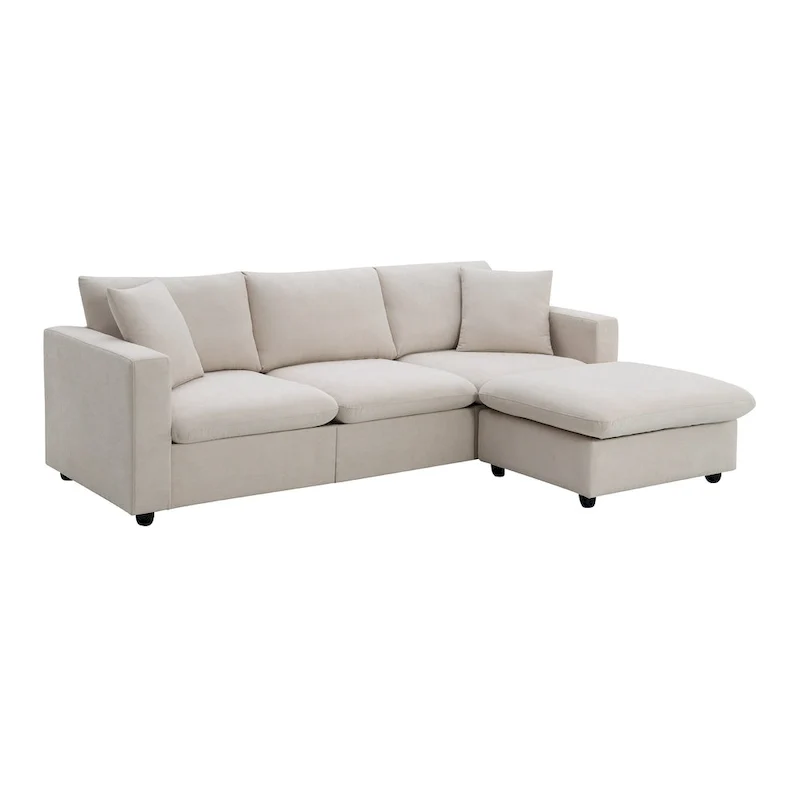White L-Shaped Sectional Sofa with Ottoman, Seats 5