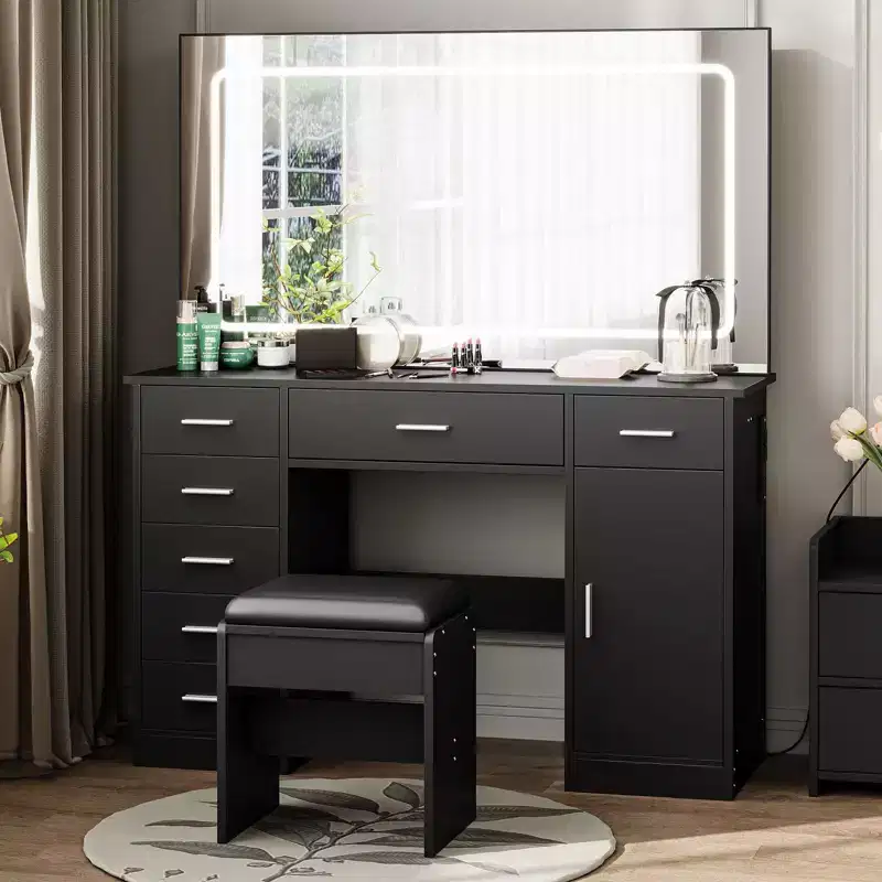 Modern Vanity Desk with Large Mirror, 7 Drawers, LED Lights, Chair, 3 Light Modes, Hair Dryer Holder and Charging Station for Bedroom
