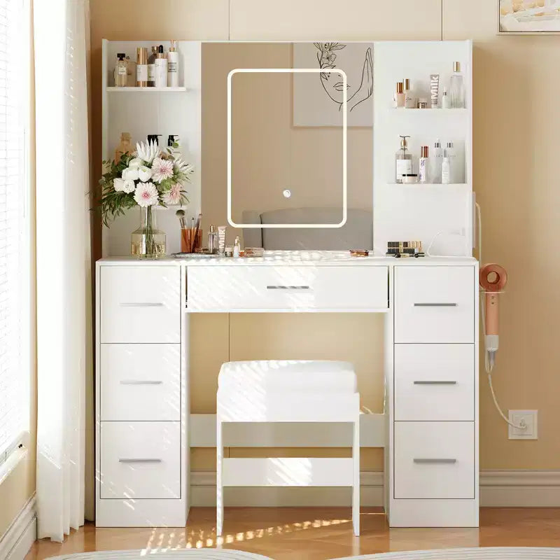 Makeup Vanity with Mirror and Chair, Hair Dryer Rack, 7 Drawers, 3 Lighting Modes Adjustable