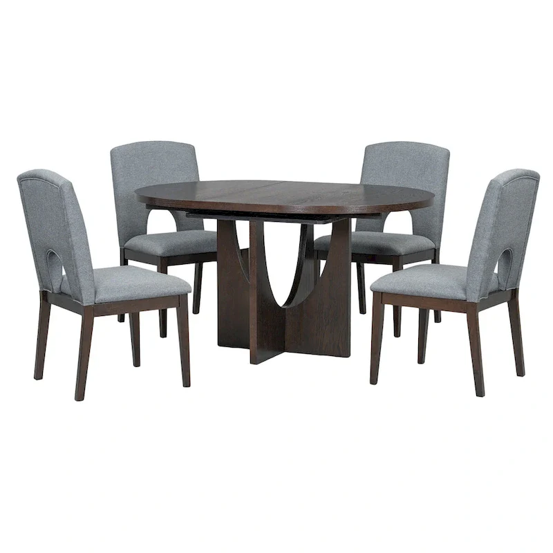 Modern Style Extendable Round Dining Table with Removable Leaf and Upholstered Dining Chairs
