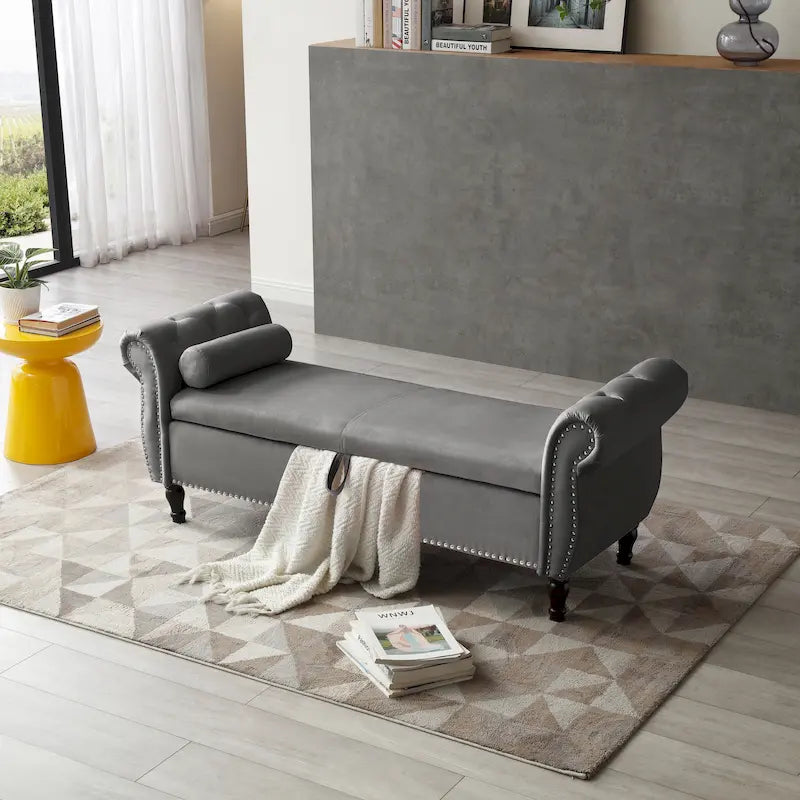 Upholstered Storage Ottoman Bench – Brown / Beige / Blue / Black / Grey / Pink, Velvet, Rolled Arms, Seats 2