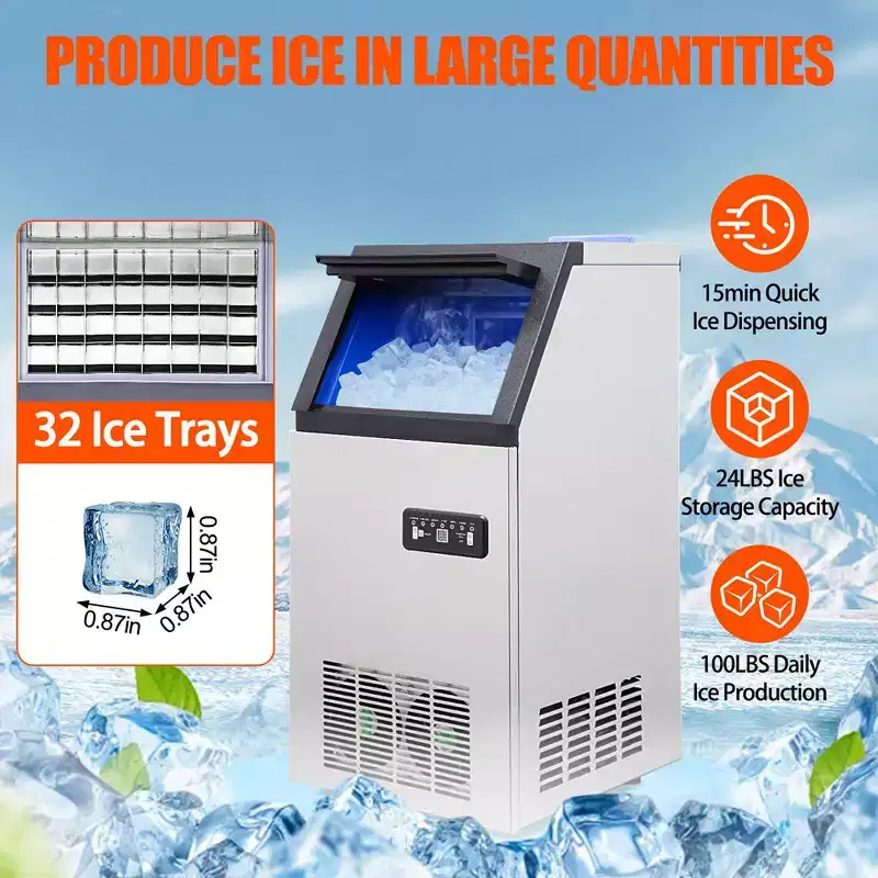Counter Commercial Freestanding Ice Maker Machine with 24LBS Storage Bin, Ice Trays and Scoop, 12-15min Quick Ice Dispensing