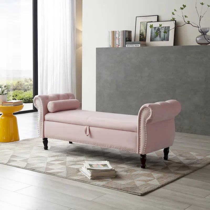 Upholstered Storage Ottoman Bench – Brown / Beige / Blue / Black / Grey / Pink, Velvet, Rolled Arms, Seats 2