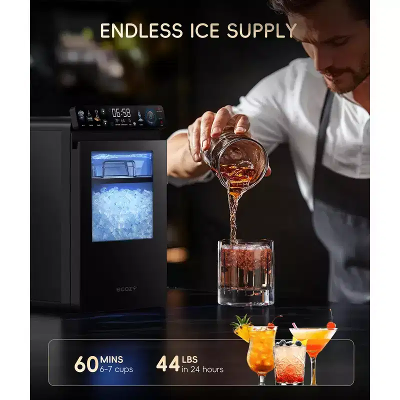 ecozy Smart Nugget Ice Maker Countertop, Pellet Ice Machine with APP Control, 44 lbs Per Day with Self-Cleaning, Stainless Steel