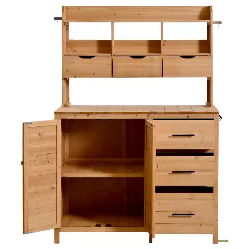 Farmhouse Potting Bench for Gardening, 65 Freestanding Garden Workstation with 6 Drawers, Cabinet, and Side Hook-Panipeachy