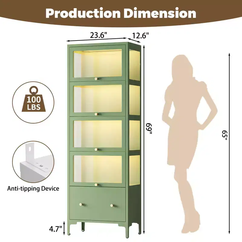 Bekrvio 67 Glass Doors Display Cabinet with Drawer & 13-Color RGB LED Lights, 5-Tier Metal Curio Cabinet for Collectibles, Figure, Toys, Books