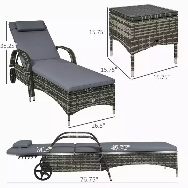 Patio Wicker Chaise Lounge Chair Set of 2 with Table, Adjustable Backrest, Wheels, Cushion & Headrest