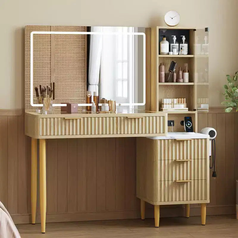Particle Board LED Dressing Table with Wave Pattern, Durable MDF, Modern Design, Built-In LED Lighting, Spacious Storage