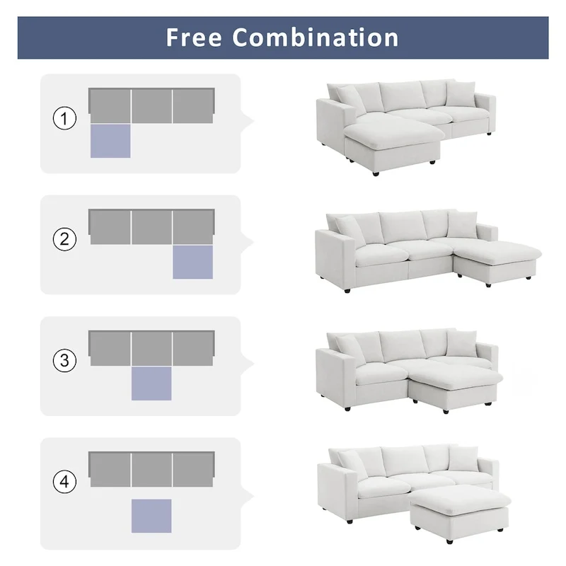 White L-Shaped Sectional Sofa with Ottoman, Seats 5
