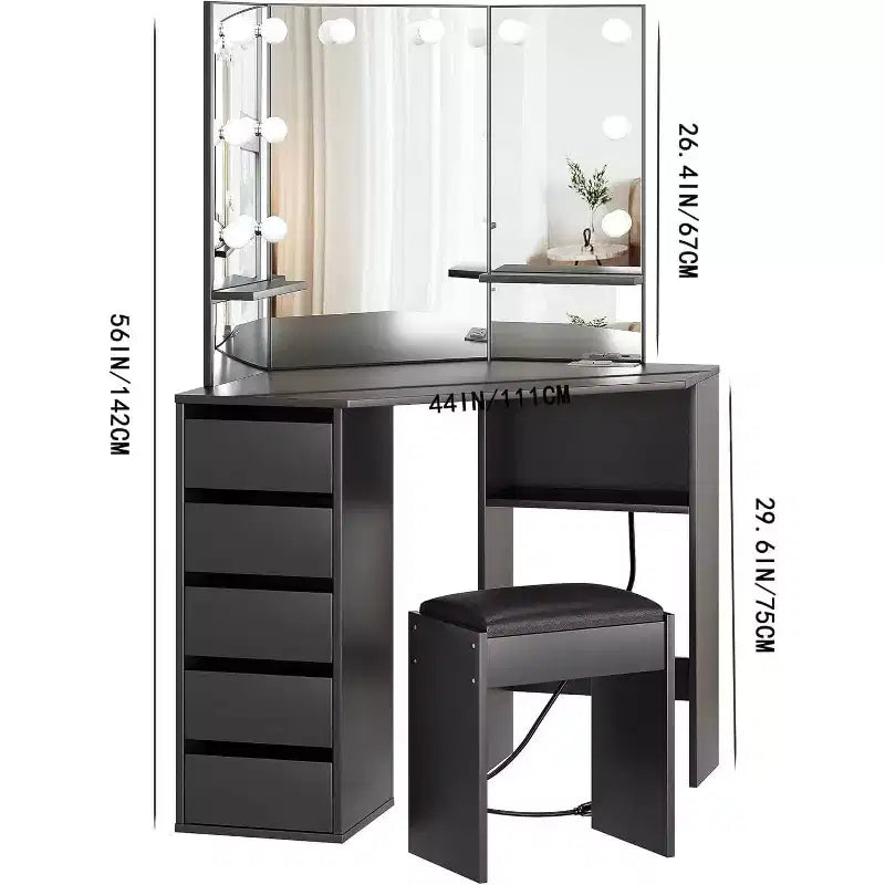 COZONY Vanity Desk with Mirror and Lights, Corner Vanity Set with 3 Lighting Options, 5 Drawers, Shelves & Cushioned Stool, Black