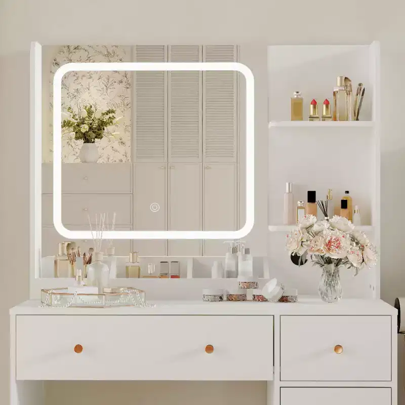 COZONY Makeup Vanity with Lights & Mirror, Vanity Table with Charging Station, Hair Dryer Holder, Storage Drawers & Shelves, Upholstered Stool