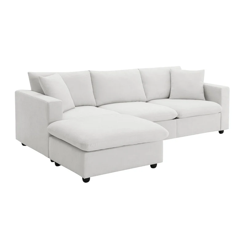 White L-Shaped Sectional Sofa with Ottoman, Seats 5