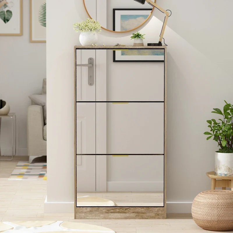 Shoe Cabinet with 3 Mirrored Flip Drawers, Free Standing Slim