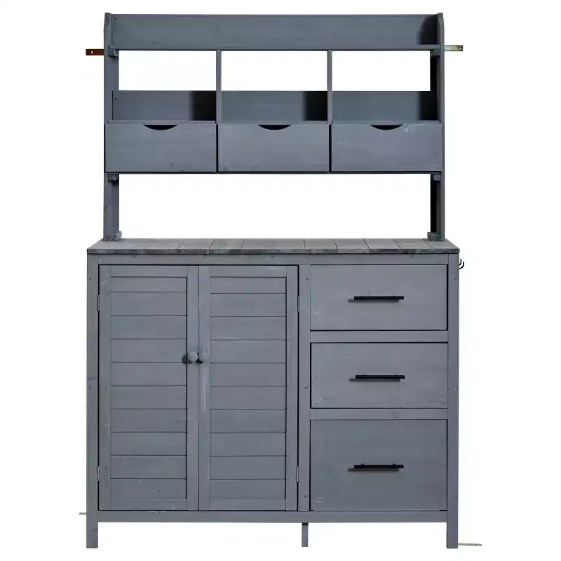 Farmhouse Potting Bench for Gardening, 65 Freestanding Garden Workstation with 6 Drawers, Cabinet, and Side Hook-Panipeachy