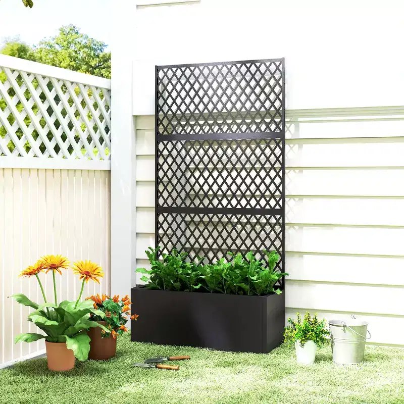 Outsunny Metal Planter Box with Trellis, Raised Garden Bed with Trellis Privacy Screen for Climbing Plants, Diamond Lattice Privacy Planter