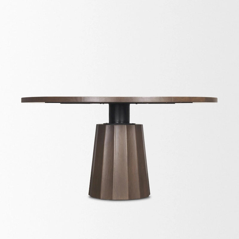 60-Inch Round Pedestal Dining Table – Dark Brown, Solid Mango Wood, Scalloped Base, Matte Black Iron Neck, Classic Style