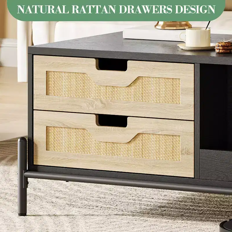 Rattan Coffee Table with LED Lighting & Storage Drawers