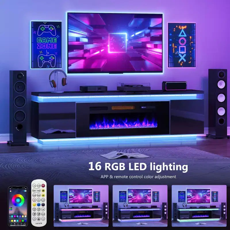 Skyzoo Electric Fireplace TV Stand for TVs up to 80 with LED Lights & 4 AC Power Outlets, TV console for Living Room