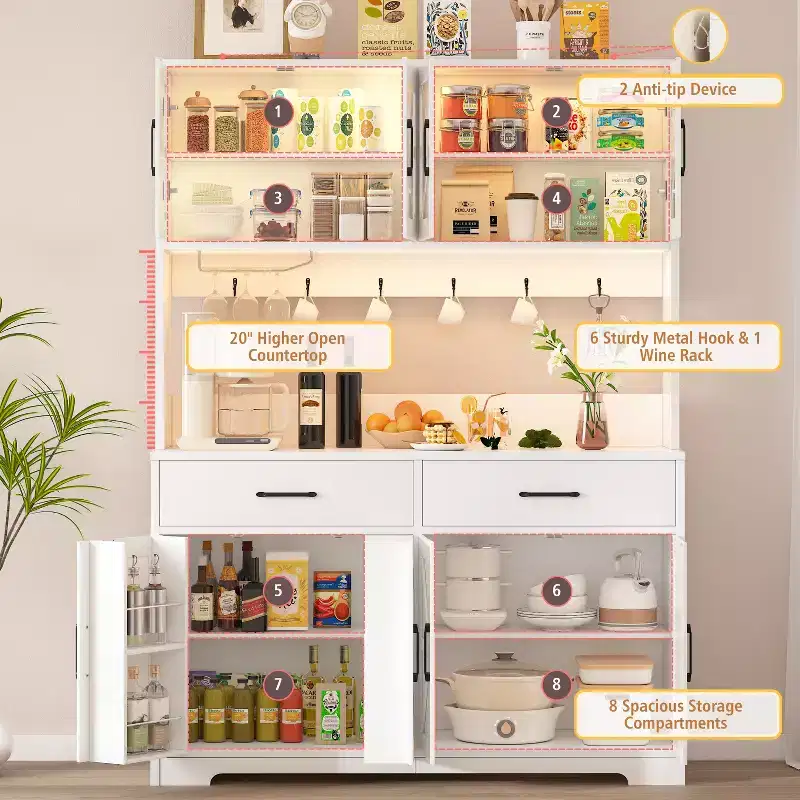 Dyonery white minimalist food storage cabinet, with glass cabinet doors, features 8 spacious storage zones and 2 drawers.