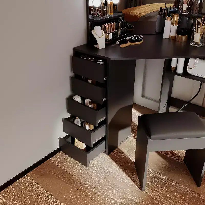 COZONY Vanity Desk with Mirror and Lights, Corner Vanity Set with 3 Lighting Options, 5 Drawers, Shelves & Cushioned Stool, Black