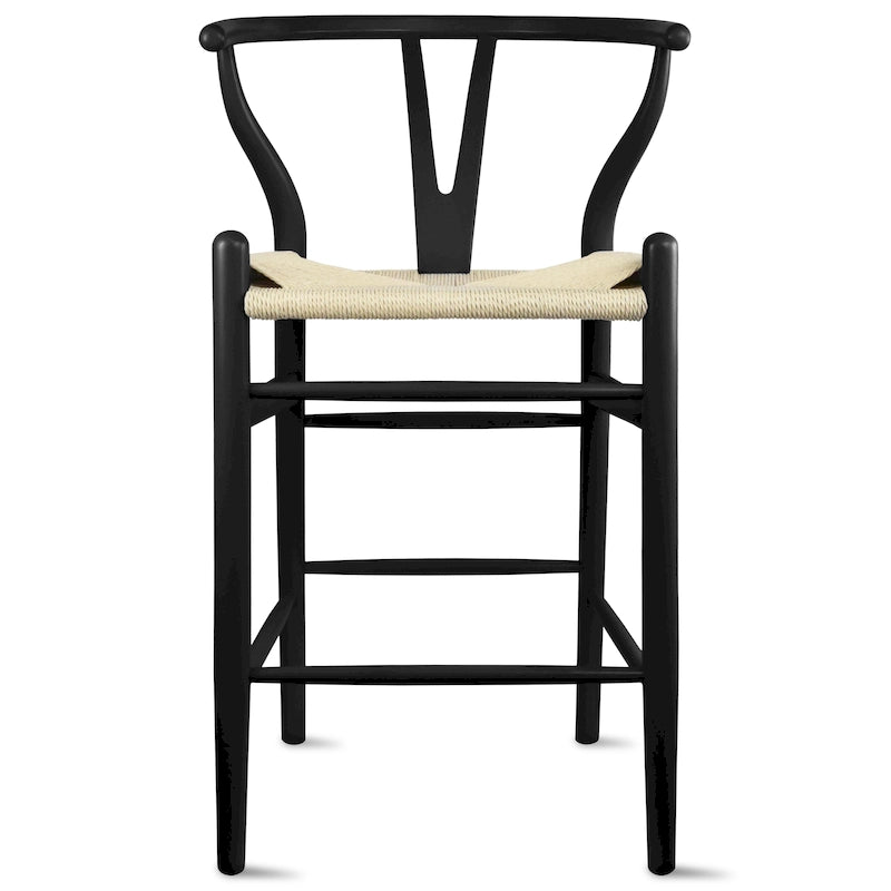 Solid Wood Countertop Height Barstool with Open Y Back, Farmhouse Woven Seat