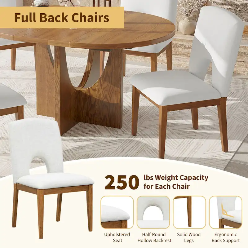 Modern Style Extendable Round Dining Table with Removable Leaf and Upholstered Dining Chairs