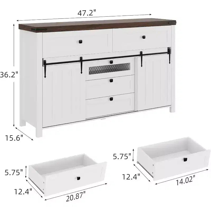 Acekool Farmhouse Buffet Cabinet, Kitchen Sideboard with Sliding Barn Doors and 5 Drawers, Coffee Bar Storage for Dining Room and Living Room