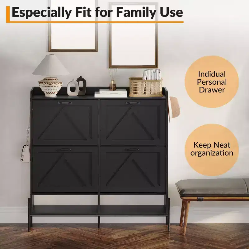 Shoe Cabinet with 4 Flip-Up Drawers Hidden Shoe Storage Cabinet with Open Storage for Entryway Hallway Bedroom Shoe Organizer Cabinet