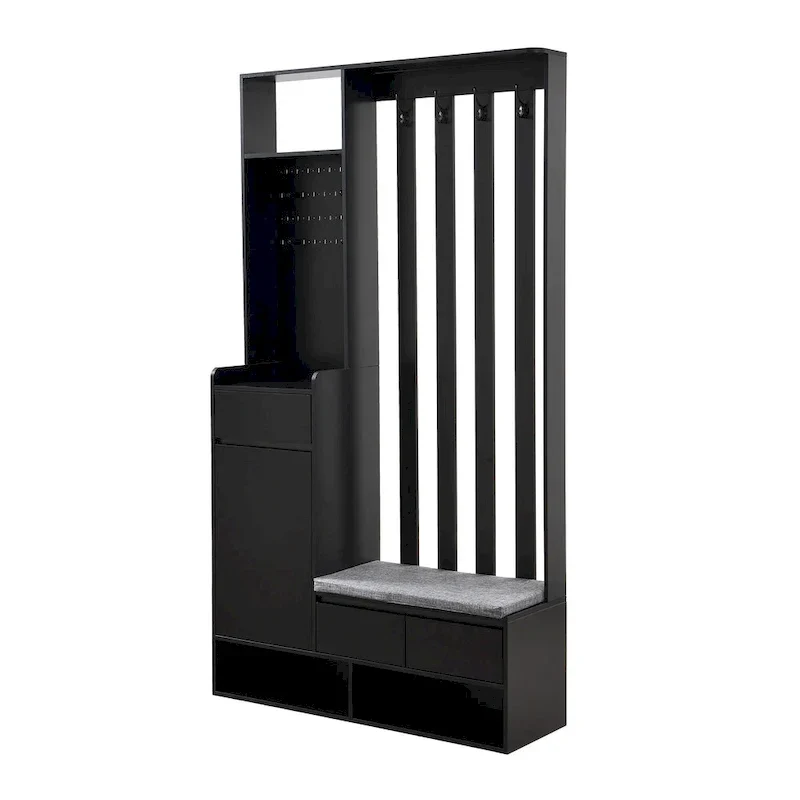 39.3Wx70.8H Hall Tree Storage with Cushioned Storage Bench,Multifunctional Hallway Shoe Cabinet,Pegboard,Coat Rack,4 Hooks
