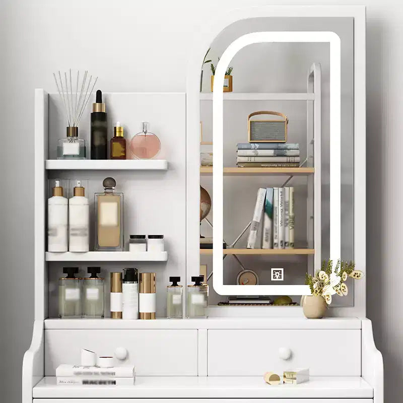 Vanity Desk with Mirror and Light , Makeup Vanity Table with Hair Dryer Holder, Dressing Table Make Up Desk with Chair and 3 Drawers