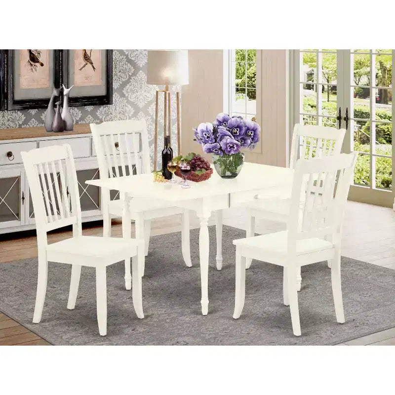 HomeStock 5-Pc Linen White Finish Solid Wood Top - Dining Room Set with Dropleaf - Seats 4