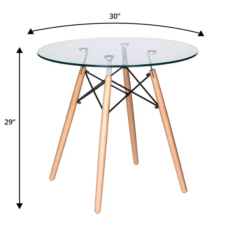 LeisureMod Dover 3-Piece Dining Set  31 Round Clear Glass Bistro Table with 2 Acrylic Chairs with Wooden Dowel Legs, Modern Kitchen, Dining Room