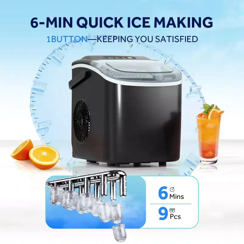 Portable Ice Maker,Countertop Model,Self-Cleaning,26.5lbs/24Hrs,6 Mins/9 Pcs Bullet Ice,Includes Ice Scoop and Basket