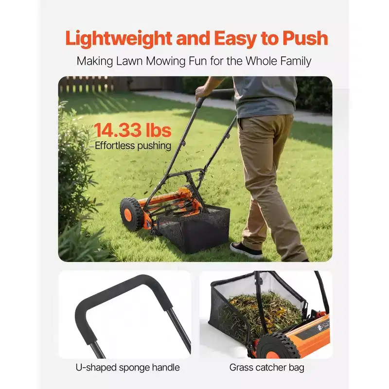 14 in Push Reel Lawn Mower Manual Walk Behind Mower with 5 Steel Blades Adjustable Height and Grass Catcher