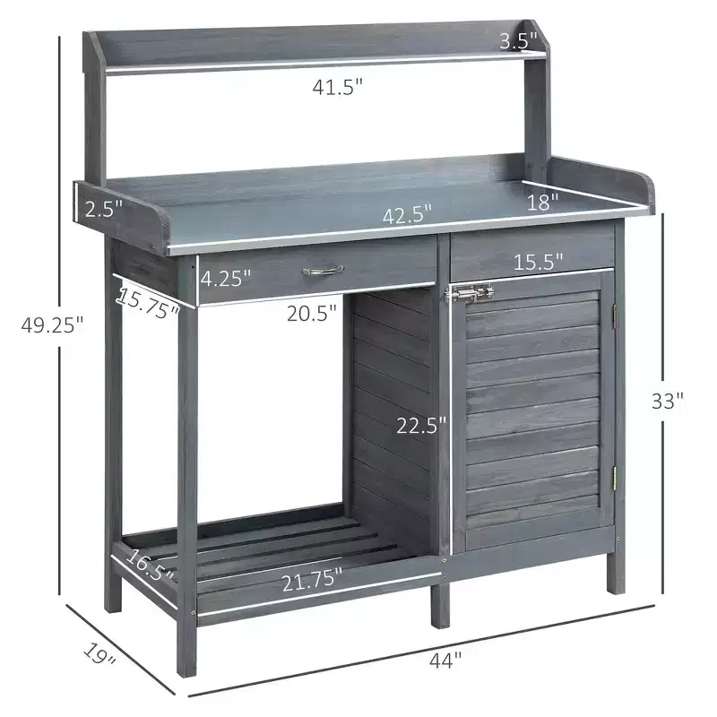 Whisen Patio Wooden Potting Bench, Outdoor Garden Work Station Table with Storage Cabinet, Open Shelf and Steel Tabletop - Gray