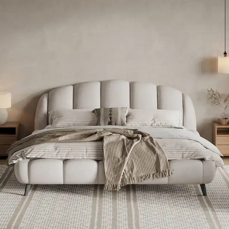 King Size Chenille Upholstered Platform Bed Shell-Shape Design Beds