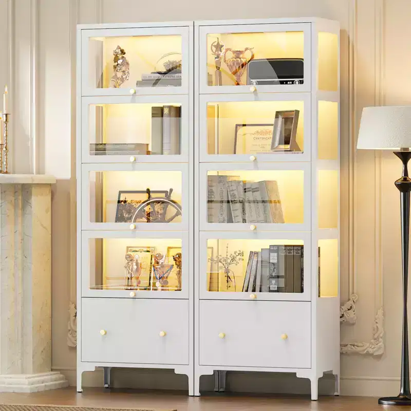 Bekrvio 67 Glass Doors Display Cabinet with Drawer & 13-Color RGB LED Lights, 5-Tier Metal Curio Cabinet for Collectibles, Figure, Toys, Books