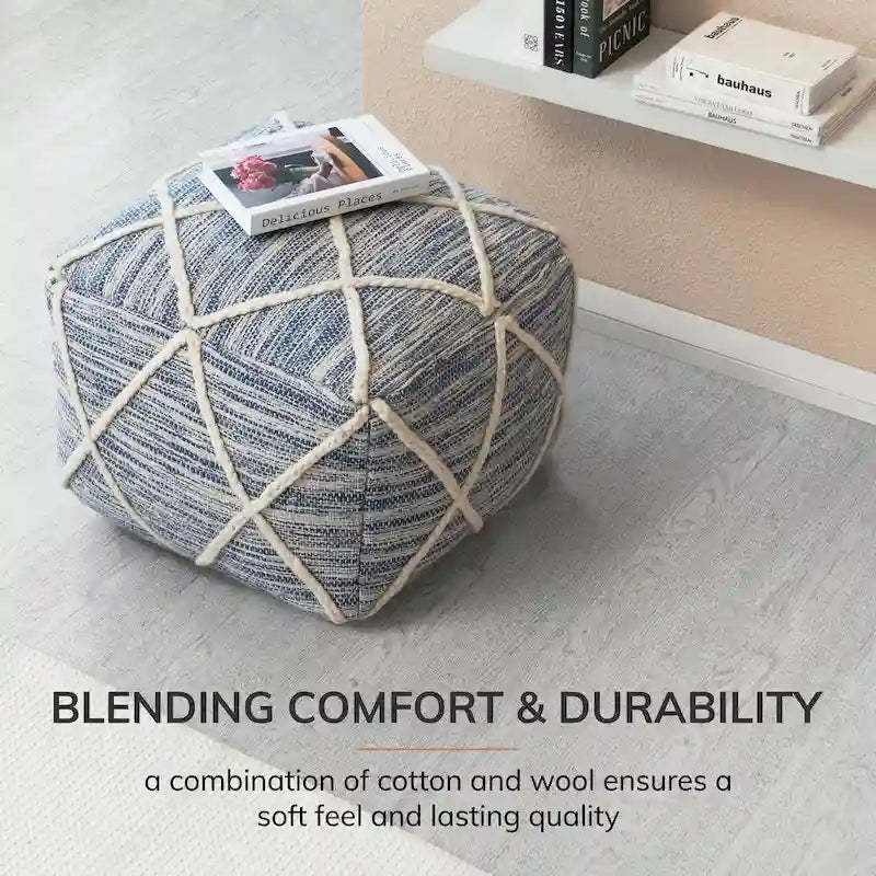 22-Inch Round Pouf Ottoman – Blue & Ivory / Tan & Ivory / Gray & Ivory, 1-Person Footrest & Extra Seat