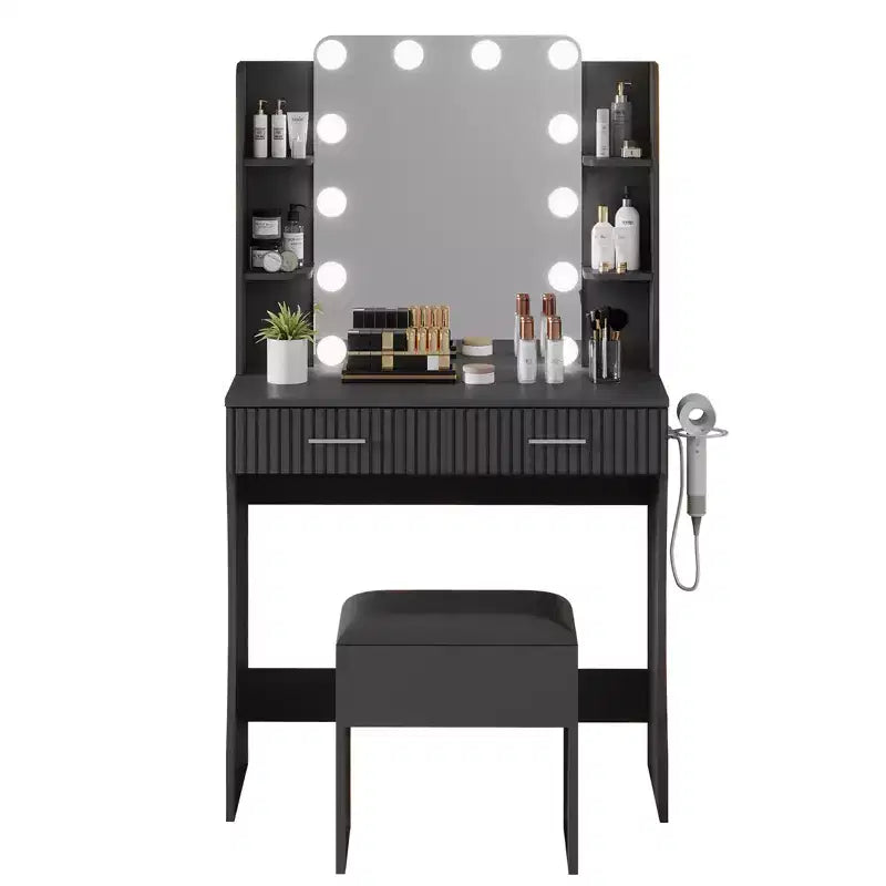 Garvee Makeup Vanity Desk with Mirror and 12 LED Lights, Modern Dressing Table Furniture with Hair Dryer Holder Stool for Bedroom