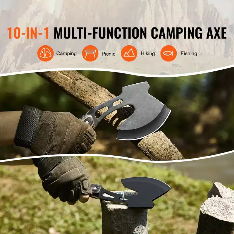 VEVOR Hunting Knife and Hatchet Axe Combo Set with Sheath, Fixed Blade Tactical Knife and Camping Axe, Stainless Steel Knife and Camping Hatchet,Black