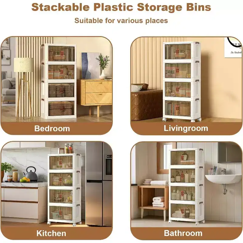 Stackable 4-Layer Storage Boxes, Plastic Storage Cabinet Capacity, with Door and Wheels for Storing Food